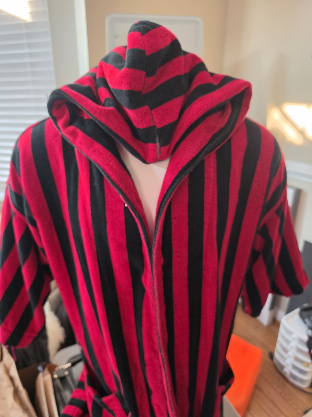Vintage Pierre Cardin Red and Black Striped Hooded Terry Robe